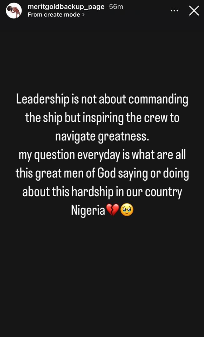 ?What are men of God saying or doing about this hardship in our country Nigeria??- Actress Merit Gold asks